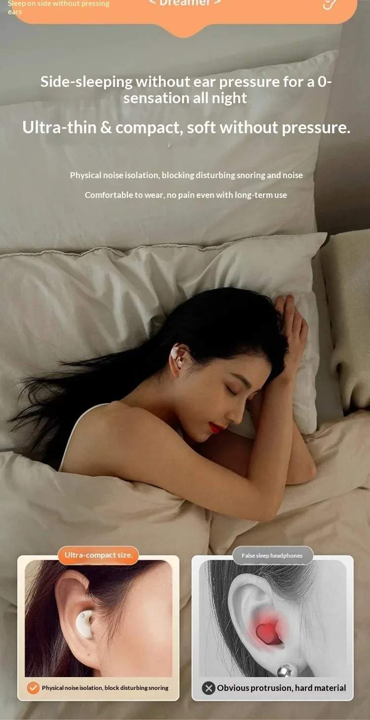 Ultra Thin Wireless Sleep Earbuds Zero Pressure Design for Side Sleepers All-Day Wearing Comfort Extended Playtime Battery