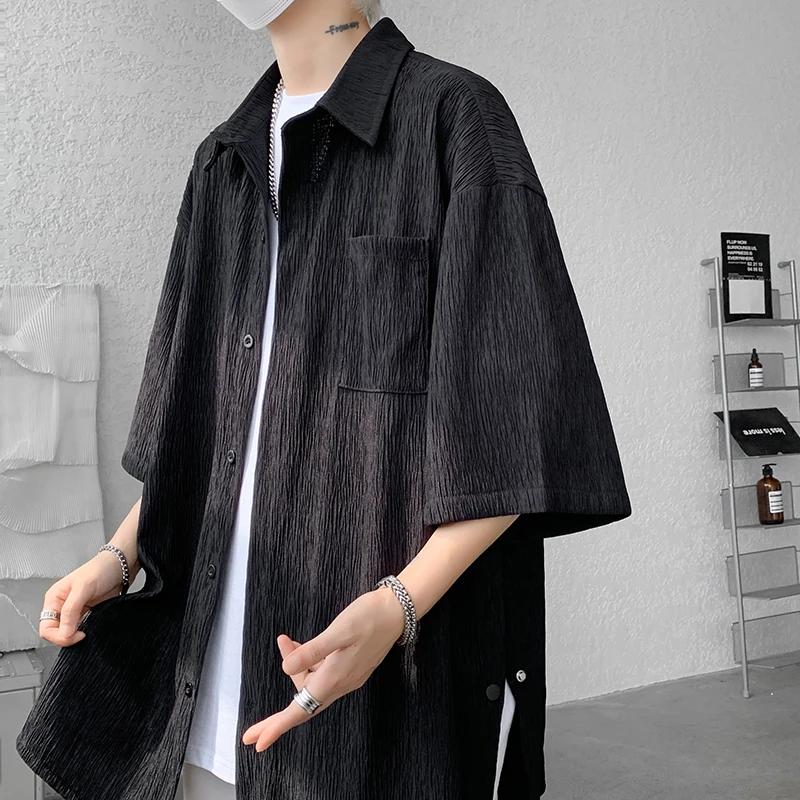 Wine Red Side Buttons Pleated Shirt Black Apricot Harajuku Button Up Korean Short Sleeve Aesthetic Male Shirts Men Blouse