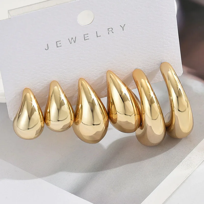 6Pcs/set Trendy Geometry Glossy Gold Color Waterdrop C Shape Hoop Earrings Set for Women Teens Vintage Daily Wear Ear Jewelry