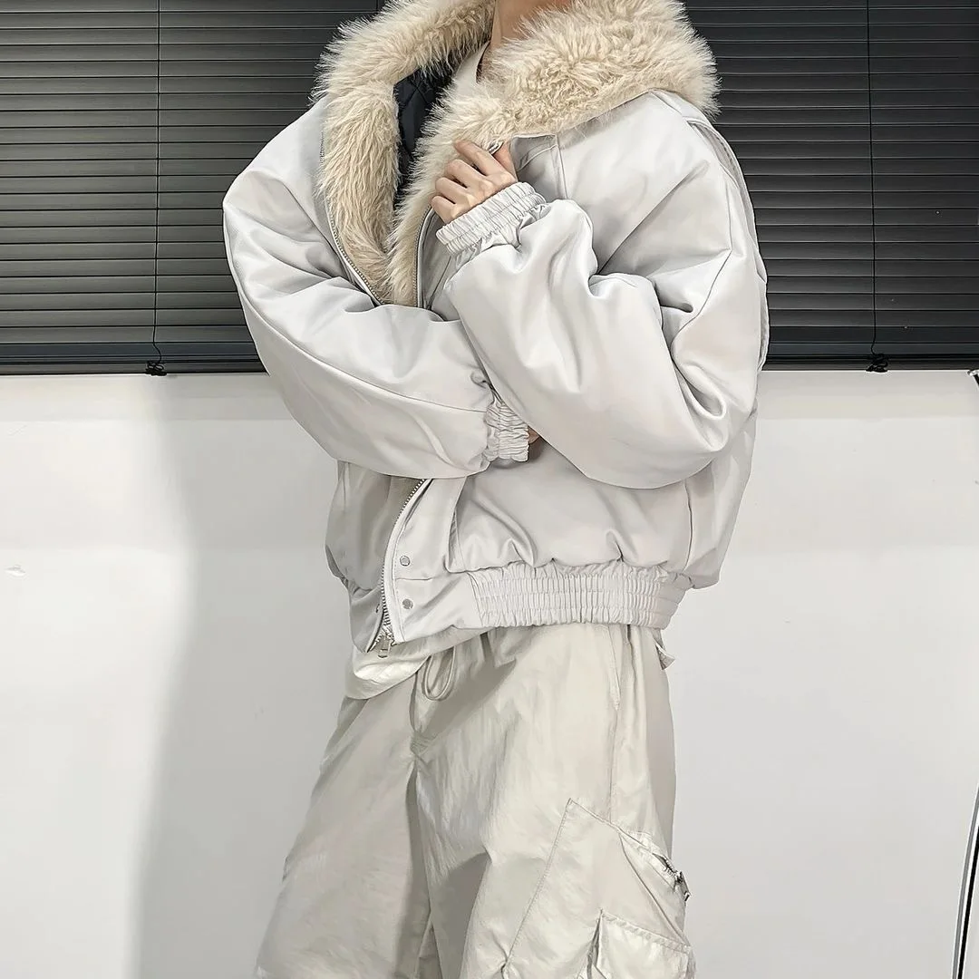 

High Street Trendy Y2K Streetwear Parkas Punk Harajuku Retro Fur Collar Bomber Jacket Men Hip-hop Loose Casual Warm Coat