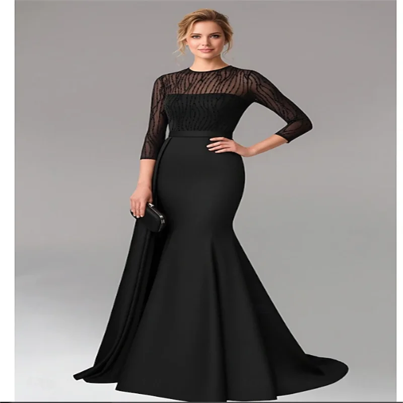 Sukienka wieczorowa na studniówkę w stylu syreny z rękawami, elegancka, z okrągłym dekoltem, szybka i błyszcząca, inspirowana stylem Dubaju, idealna na formalne okazje.