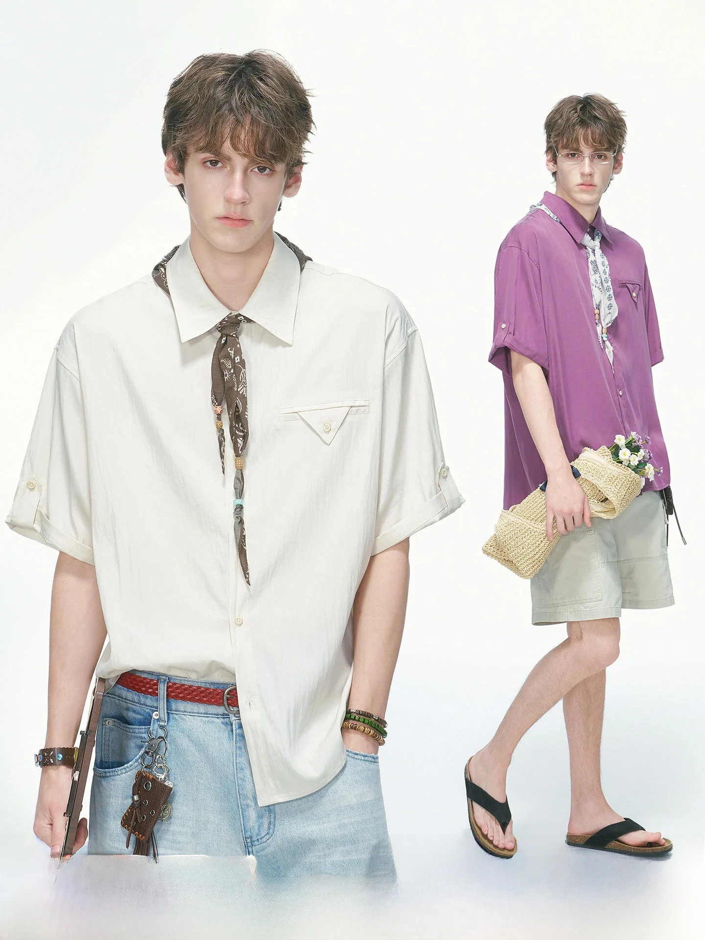 Dream Made Men's Summer Thin Breathable Silk Short Sleeve Shirt with Tie-Tie Shirt Loose Fit Casual Commute Style Pure Color