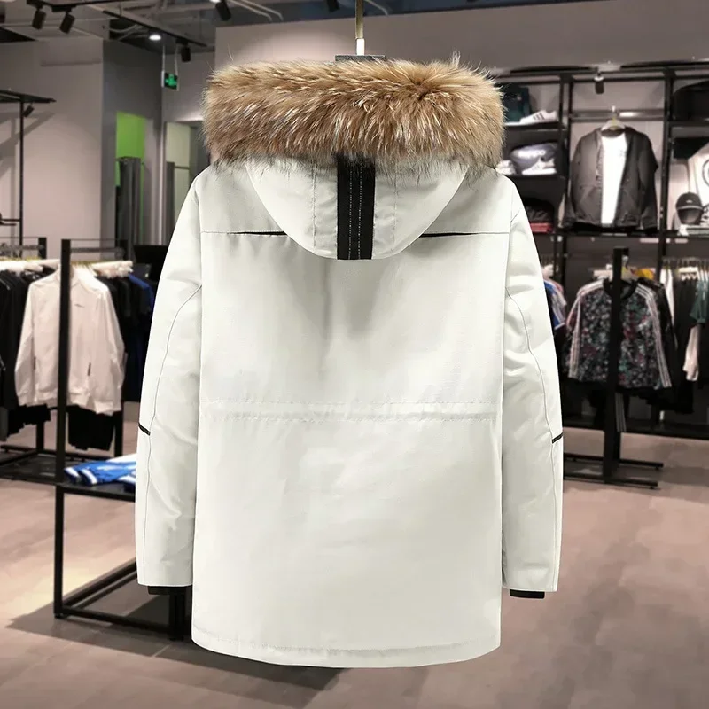 Fur Collar Winter Jackets Men Hooded Parka Coat Outdoor Thick Warm White Duck Down Jacket