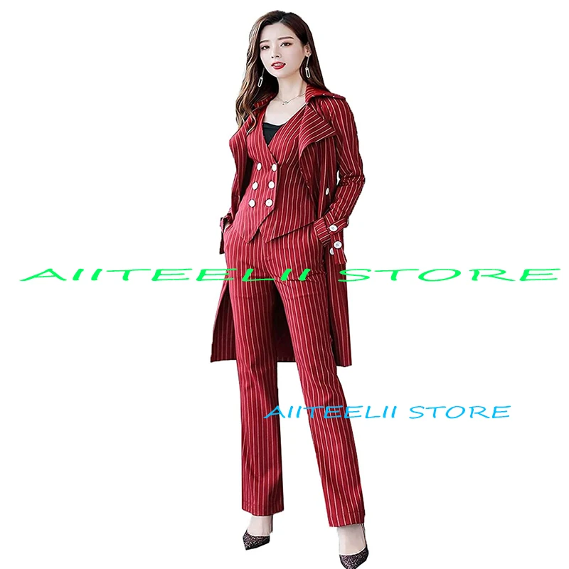 Striped Formal Women's Suit 3 Piece Office Workwear Party Jacket Pants Suit Lady Blazer + Pants + Vest костюм женский