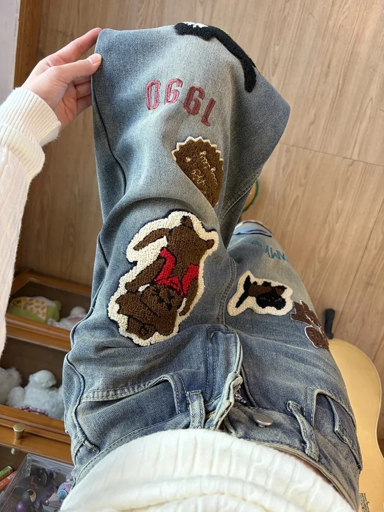 

American Cartoon Embroidered Denim Pants Wide Leg Loose Fit Men's Women's Fashion Design Low Waist High Waist Bear Pattern