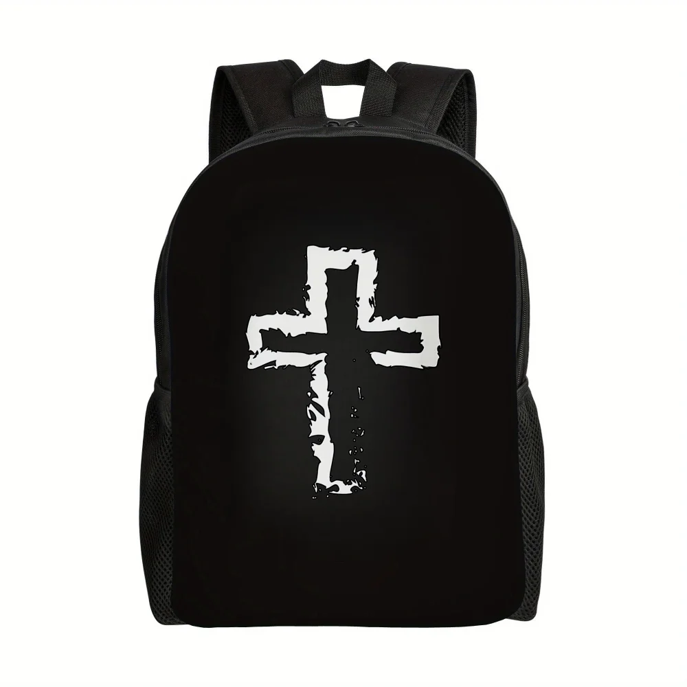 

Ladies' white cross pattern large-capacity college style backpack, light adjustable shoulder strap, polyester lined zipper