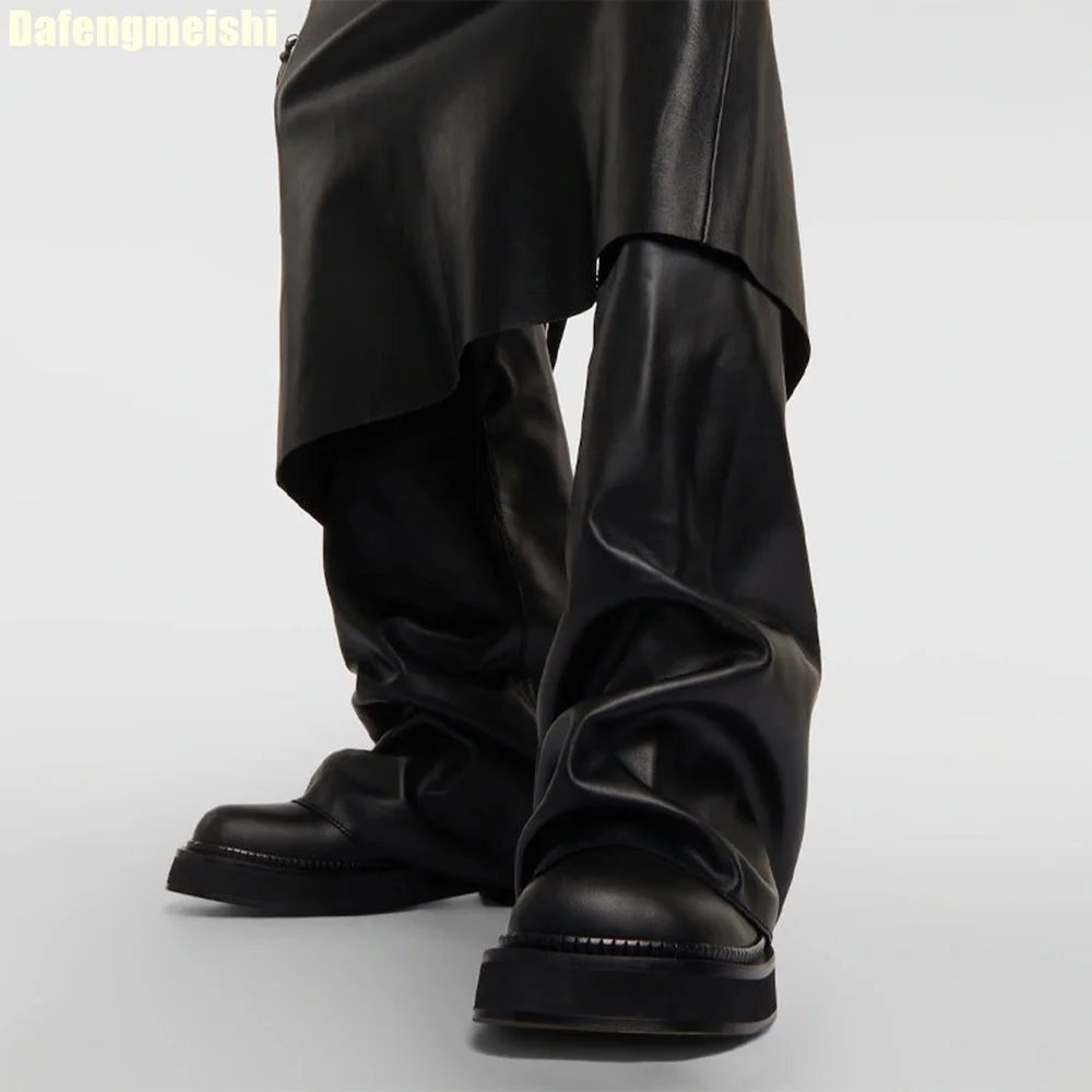 

2025 New Women's Black Leather Mid-Calf Boots with Hidden Wedge Heel Slip On Fashion Boots Comfortable for Everyday Wear