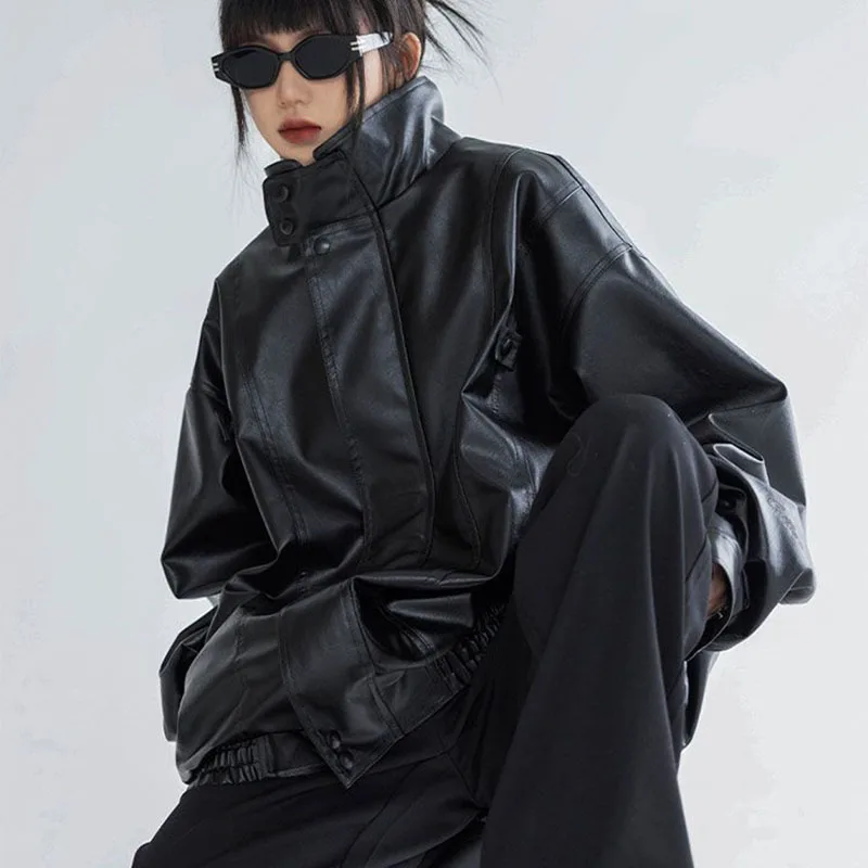 Harajuku jaqueta pu feminina gola alta moda couro falso manga longa casaco heavy metal preto y2k outerwear feminino topos