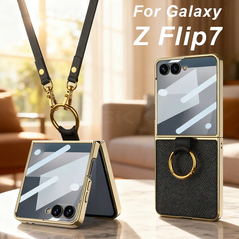 

Роскошный кожаный ремешок для Samsung Galaxy Z Flip 7 6, стеклянный держатель на заднем экране, твердая крышка для Galaxy Z Flip7, чехол