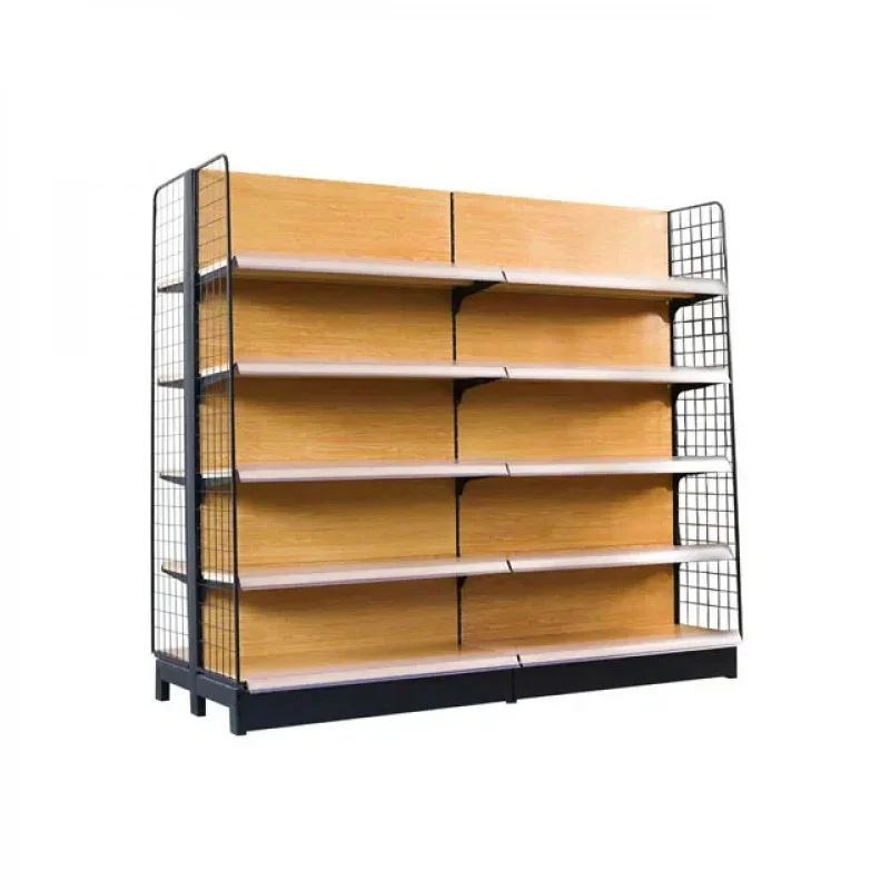 custom.Wood Color Supermarket Shelving Gondola Shelving Double-sided Display Rack