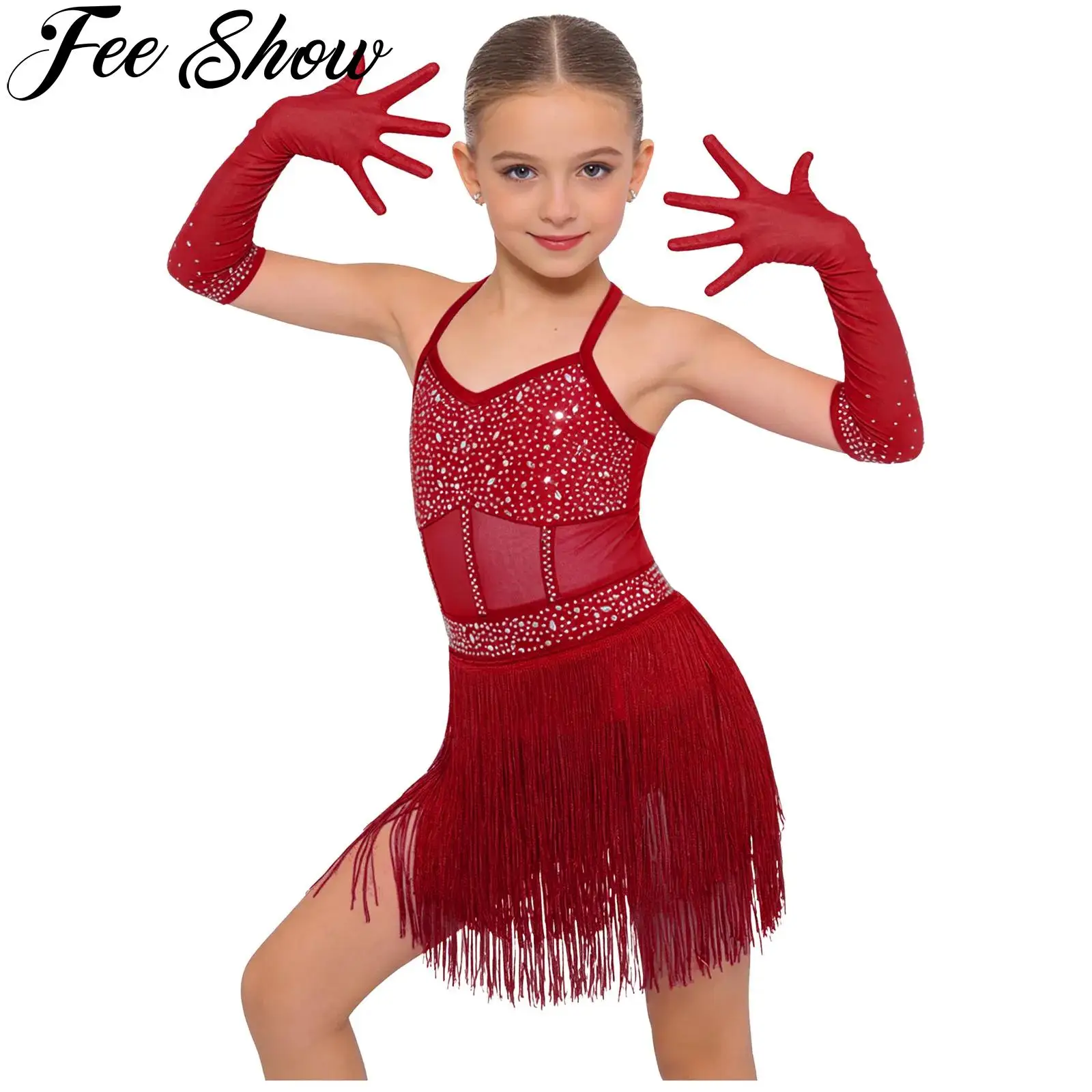 Kids Girls Latin Jazz Dance Dress Sleeveless Shiny Sequin Tassel Leotard with Gloves Ballroom Tango Samba Rumba Modern Dancewear