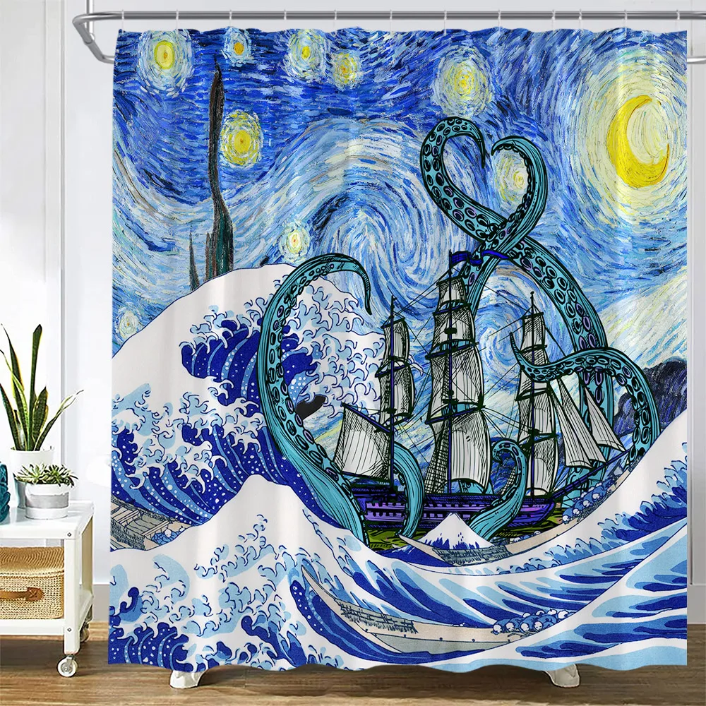 Ocean Animals Shower Curtain Sea Turtle Fish Starfish Seaweed Coral Underwater Scenery Waterproof Fabric Bathroom Decor Curtains