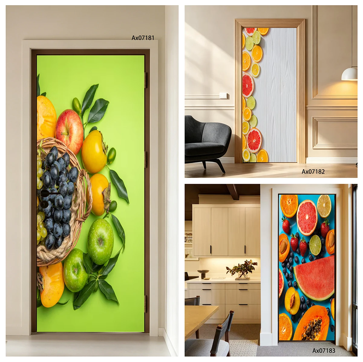 Tropical Fresh Fruit Door Sticker Self-Adhesive Citrus Fruit Doors Mural Decal for Kitchen Refrigerator Cabinets Wardrobe Decor
