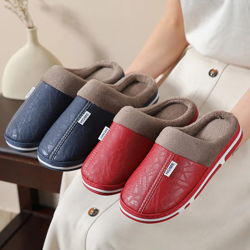 Men's Soft Plush Cozy House Casual Slippers Waterproof Anti-skid Slip-on Shoes Fuzzy Lining Indoor Walk Autumn Winter Couples