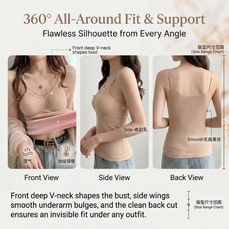 Warm Underwear Camisole For Women Autumn Winter Thermal Thin Fleeced Lined Sleeveless Sexy Lace Padded BraTank Tops Women Vest