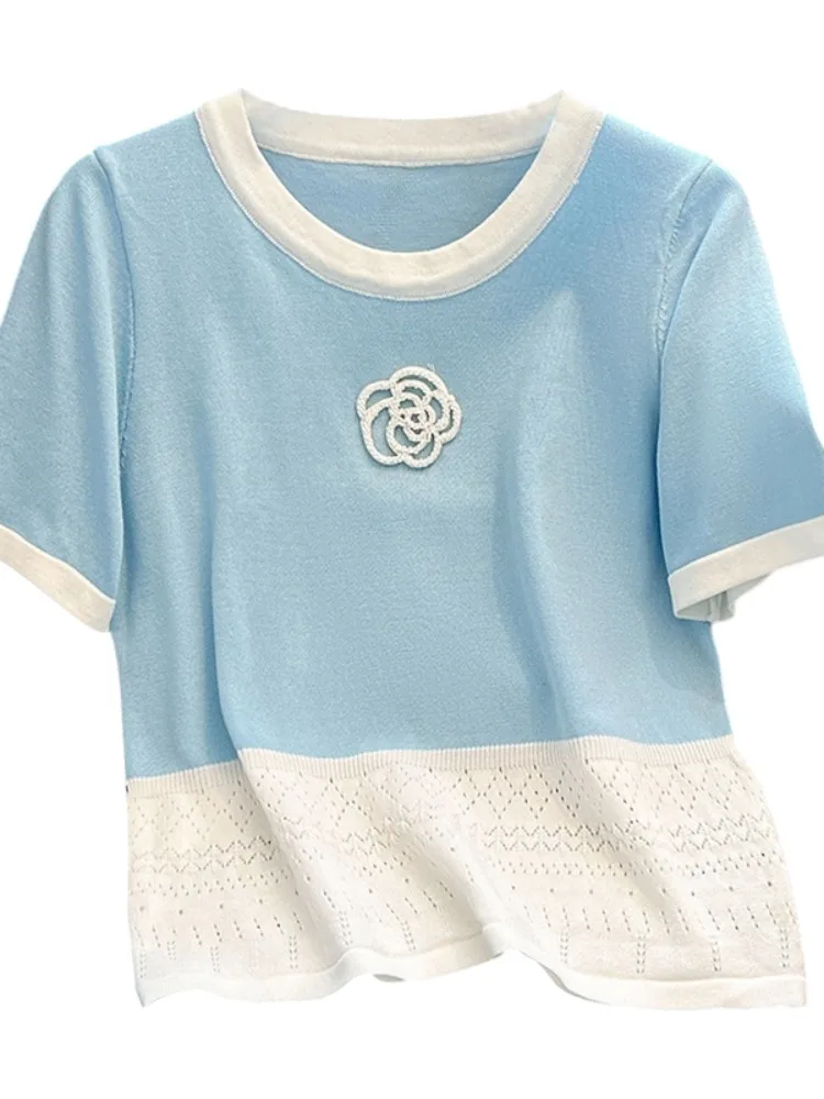 Summer Women's Knitted ort Sve T-irt Color Blo Design Slim Fit ort Length round Ne Top Creative Floral Pattern