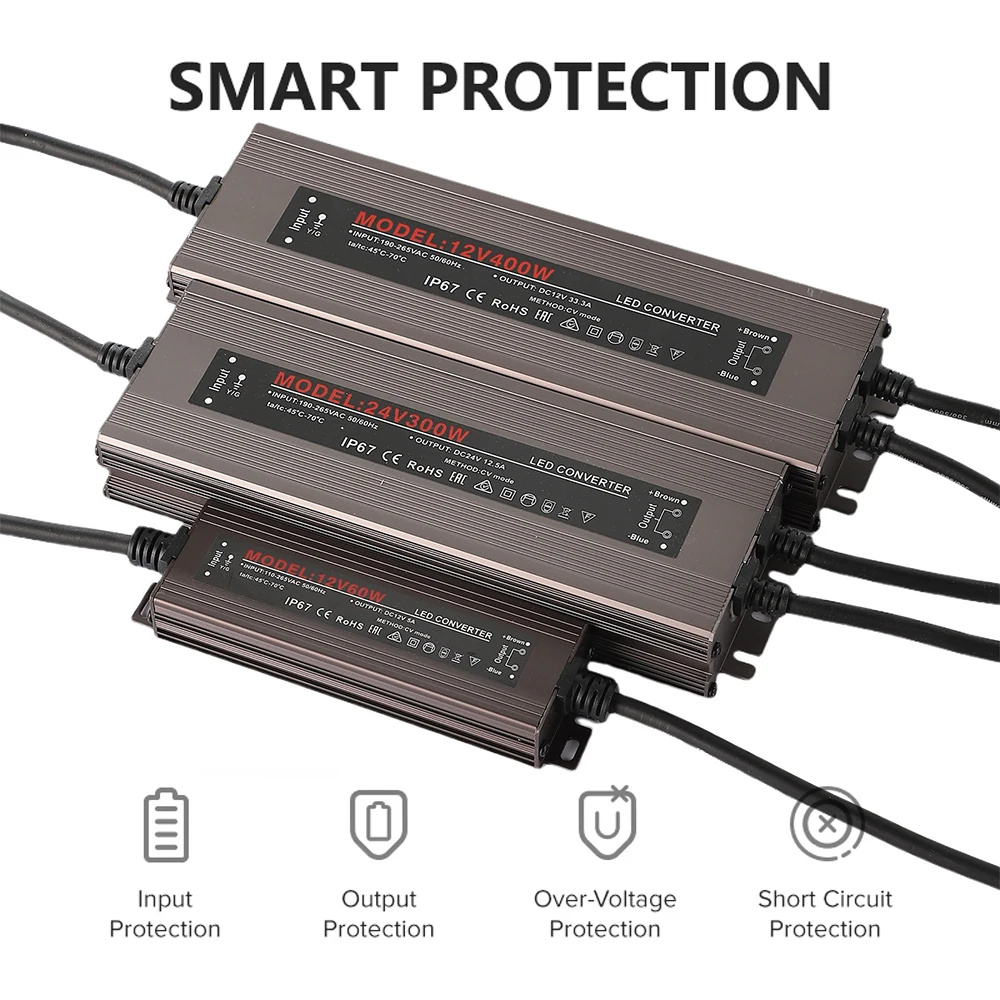 IP67 Waterproof LED Switching Power Supply DC12V 24V 60W To 600W Aluminum Alloy Converter With Protection For Outdoor LED Strip