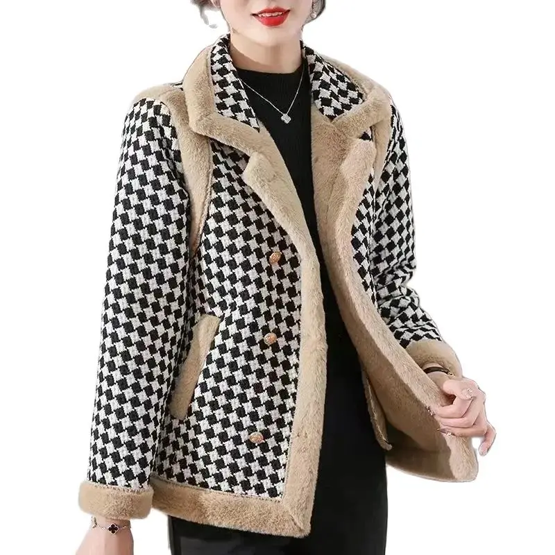 New Autumn And Winter Clothes Velvet Padded Coat Female Short Korean Version Woolen Lattice Temperament Keep Warm Coat XQ254