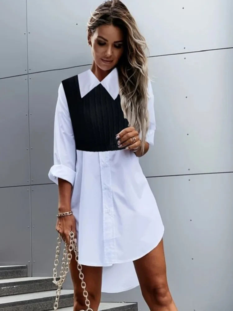 Women Fashion Solid Long Sleeve Shirt Blouse 2023 Autumn Lapel Button Pachwork Elegant Office Lady Long Shirt Casual Mini Dress