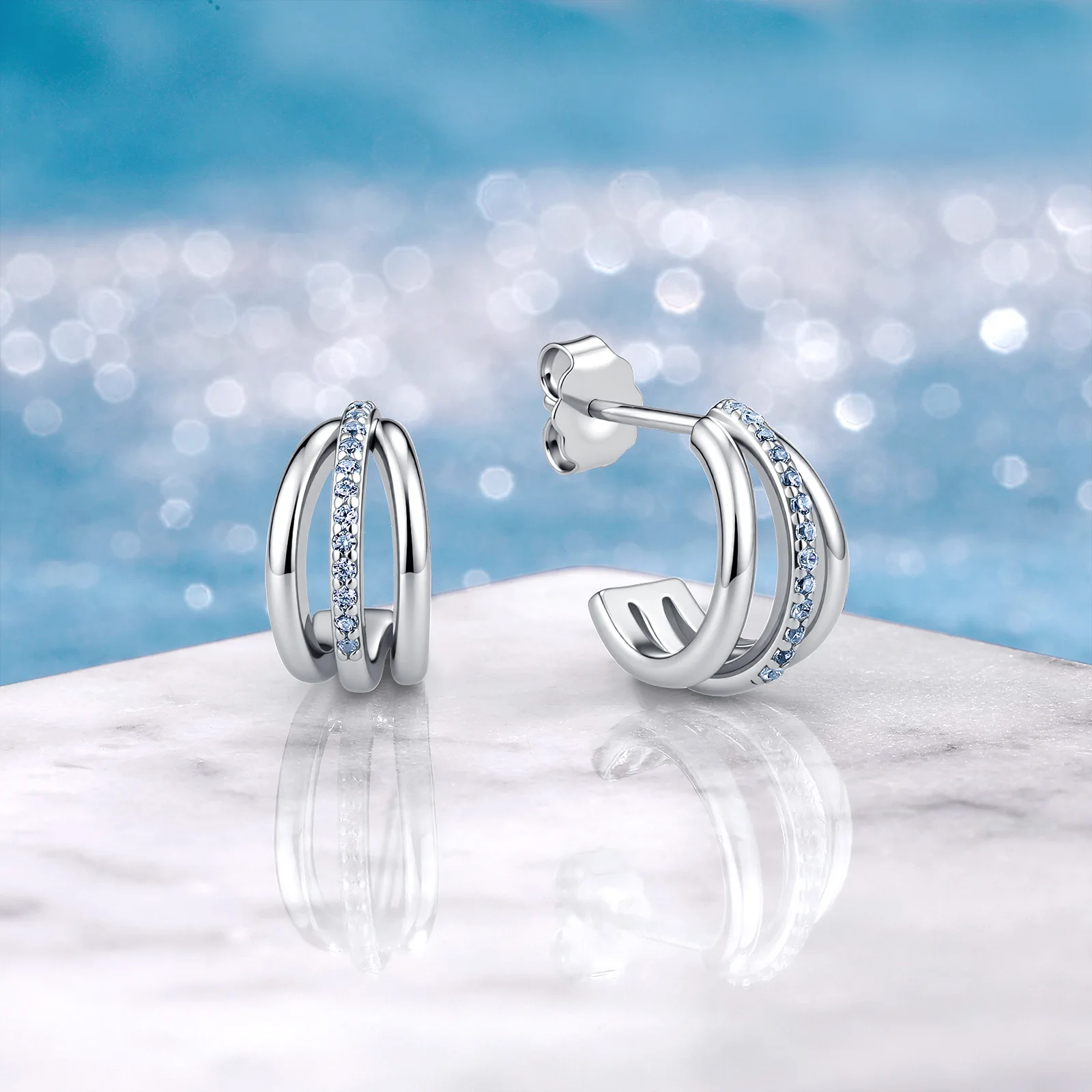 S925 Silver 18K Gold-Plated Openwork C-Shaped Double-Ring Stud Round Moissanite Earrings  (0.13ct) For Women Daily Wear