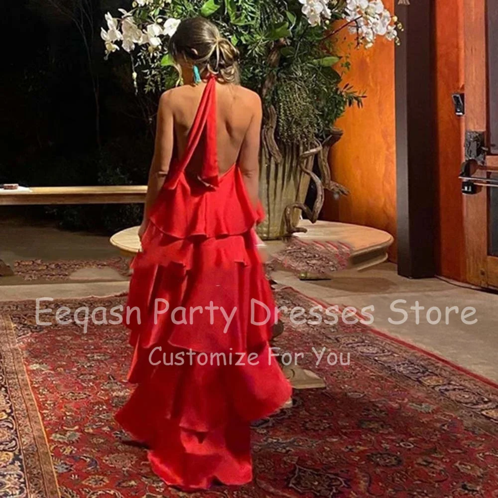 Bafftafe Red Satin Arabic Evening Dresses Tiered Women Long Halter Backless Sexy Special Party Gowns Formal Occasion Prom Dress