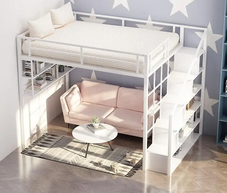 Nordic iron art bed and table elevated bed sheet, upper loft bed, small apartment, provincial space, double iron frame bed