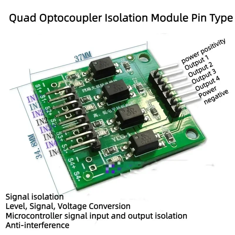 5Pcs Four-way Optocoupler Isolation Module High and Low Level Conversion Single-chip Isolation Signal Voltage Pin Header Type