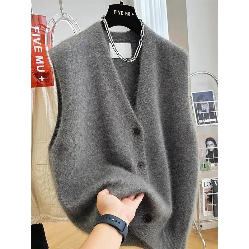 

Мужской модный вязаный жилет свободного кроя с V-образным вырезом и имитацией меха, в японском стиле, утепленный, для осени и зимы, повседневная одежда