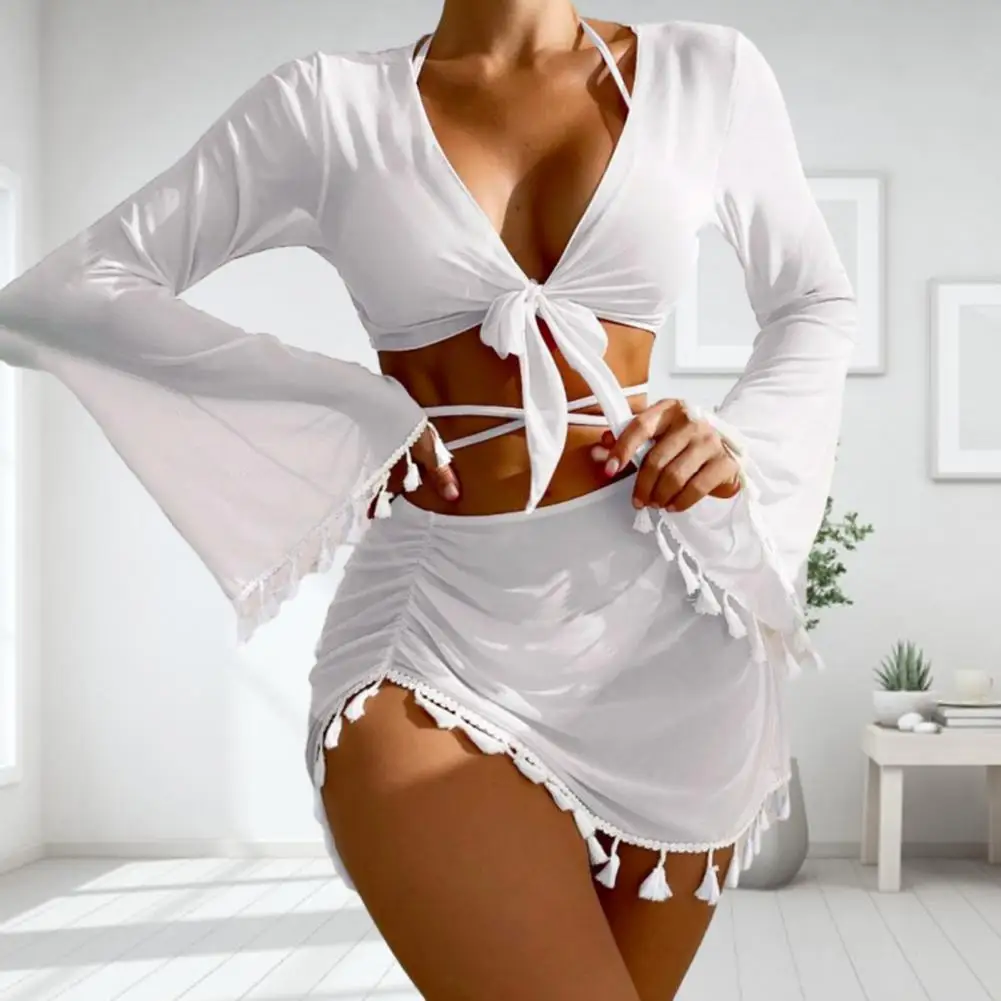 Roupa de praia feminina com controle de barriga, biquíni triangular, maiô, capa de cima com saia, roupa de banho sexy feminina, 4 peças por conjunto