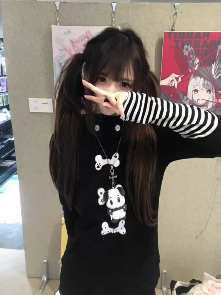 Y2k ボディコンアメリカンヴィンテージ長袖黒パーカーストライプ女性カジュアルパッチワークコート春秋甘い 2025 新着