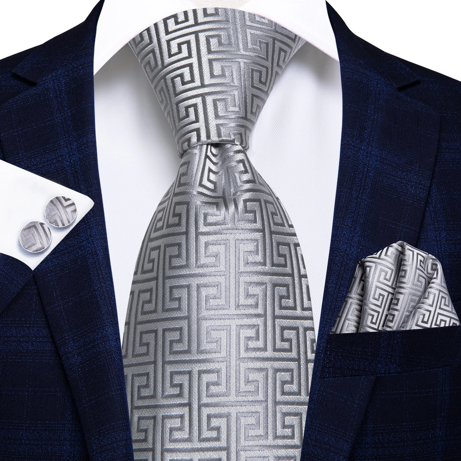 Hi-Tie Luxury Silver Novelty Men Tie Gravata Wedding Necktie For Men Hanky Cufflink Set Fashion Design BusinessDropshipping
