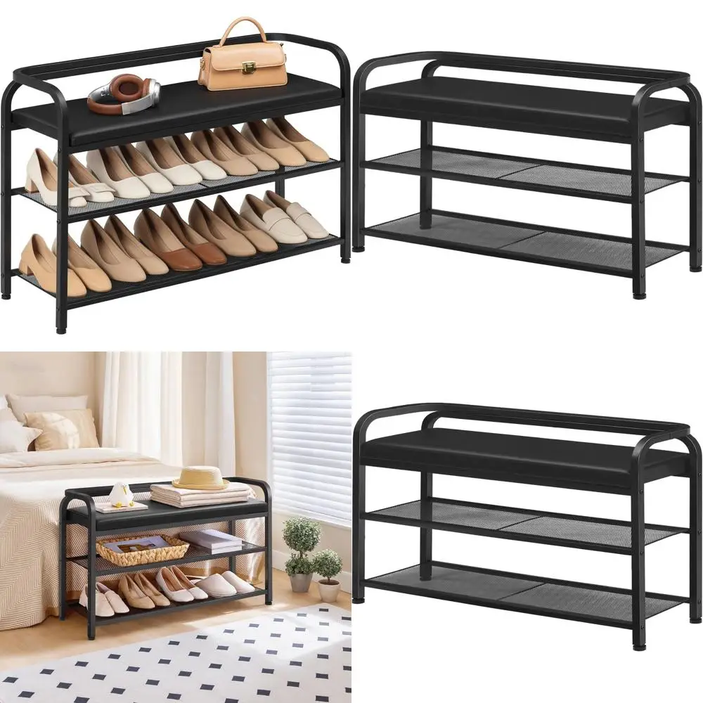 

Upholstered Shoe Storage Bench with Backrest for Entryway, Hallway, and Bedroom - 2-Tier Rack and Padded Seat