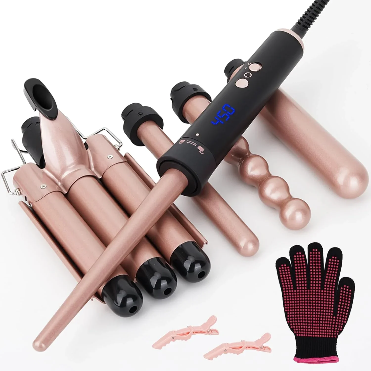 

5-in-1 Professional Digital Curling Iron Set with LCD Display, Adjustable Temperature Control, 3 Barrel Sizes, and 4 Interchange