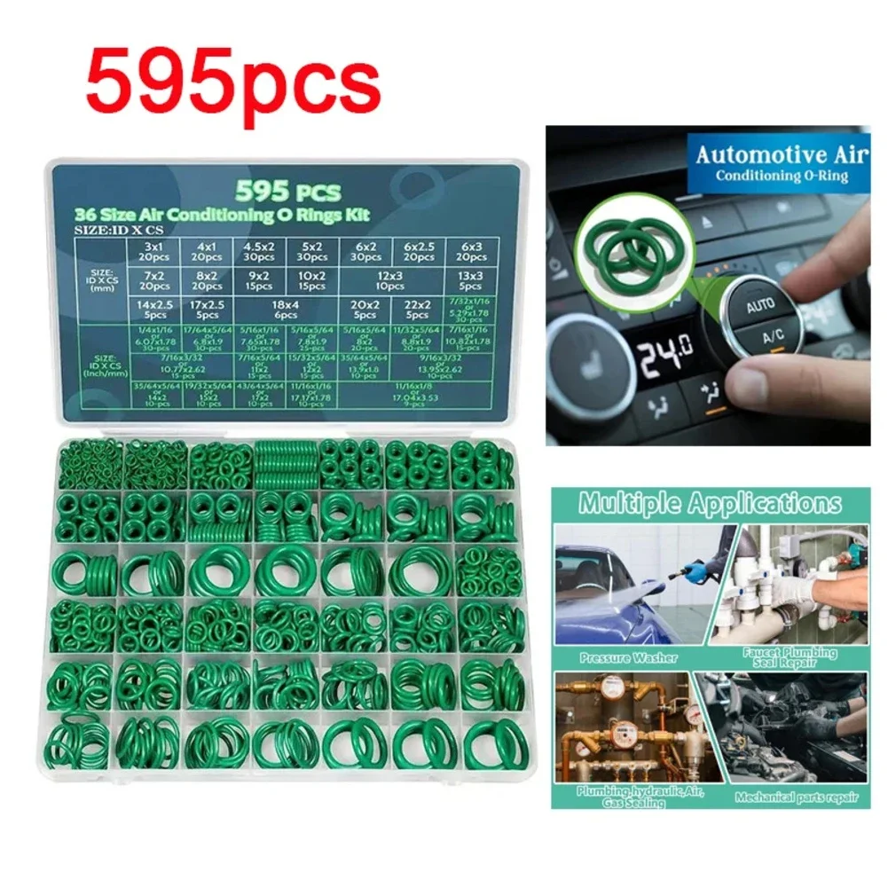 595pcs Car Air Conditioner O-Ring Kit For Repair Air Conditioning Systems 36 Sizes Sealing Rubber O-Ring Combination Set
