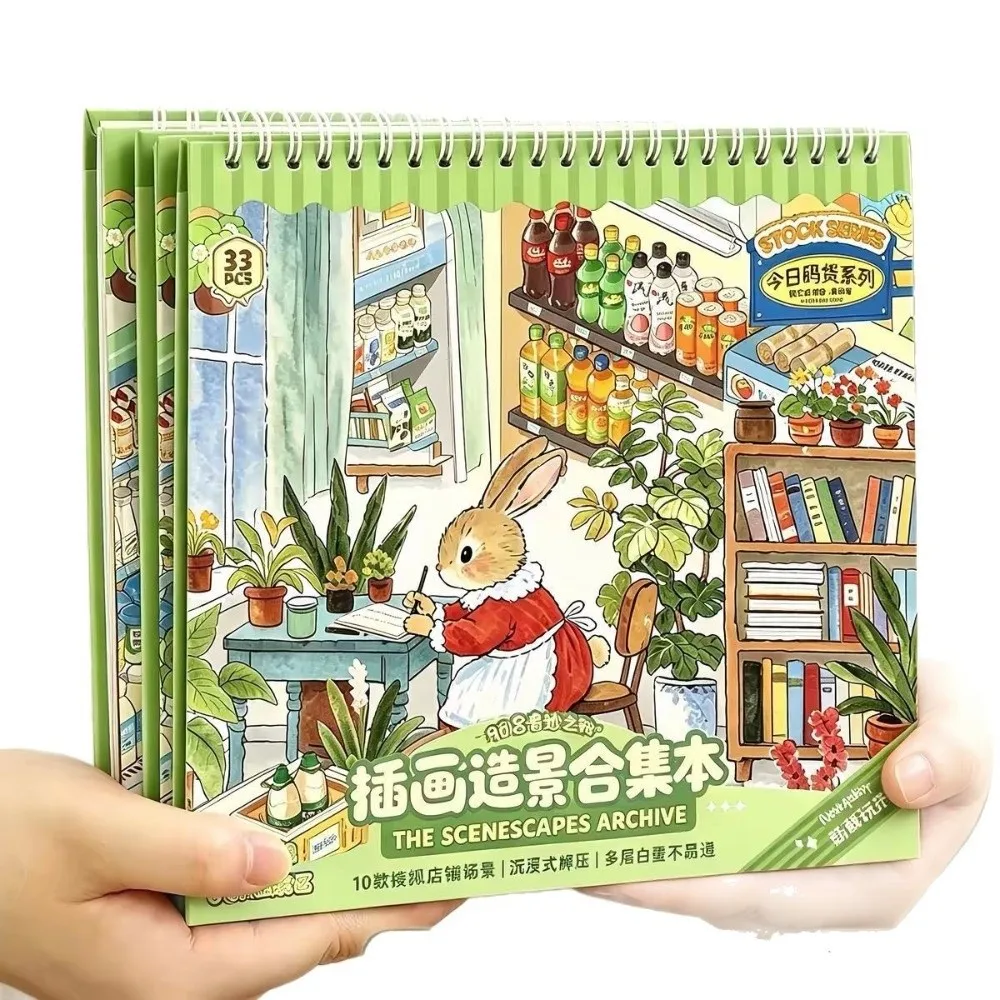 3D Miniature Shop Scene Collection Shop Scene Design Stacking Pasting Landscape Sticker Book Self Adhesive Cartoon Illustration