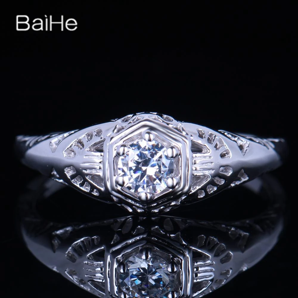 

BAIHE Solid 14K White Gold 0.23CT Genuine AAA Graded Cubic Zirconia/Flawless Women Vintage Fine Jewelry Cubic Zirconia Ring