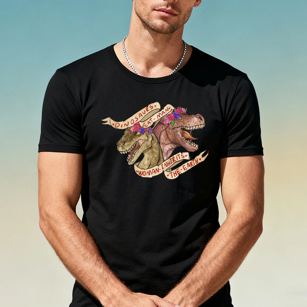 Flower Wreath Twin Dinosaur Banner Slogan Men Summer T Shirt Soft Vintage Dino Typography Casual Daily Holiday Top