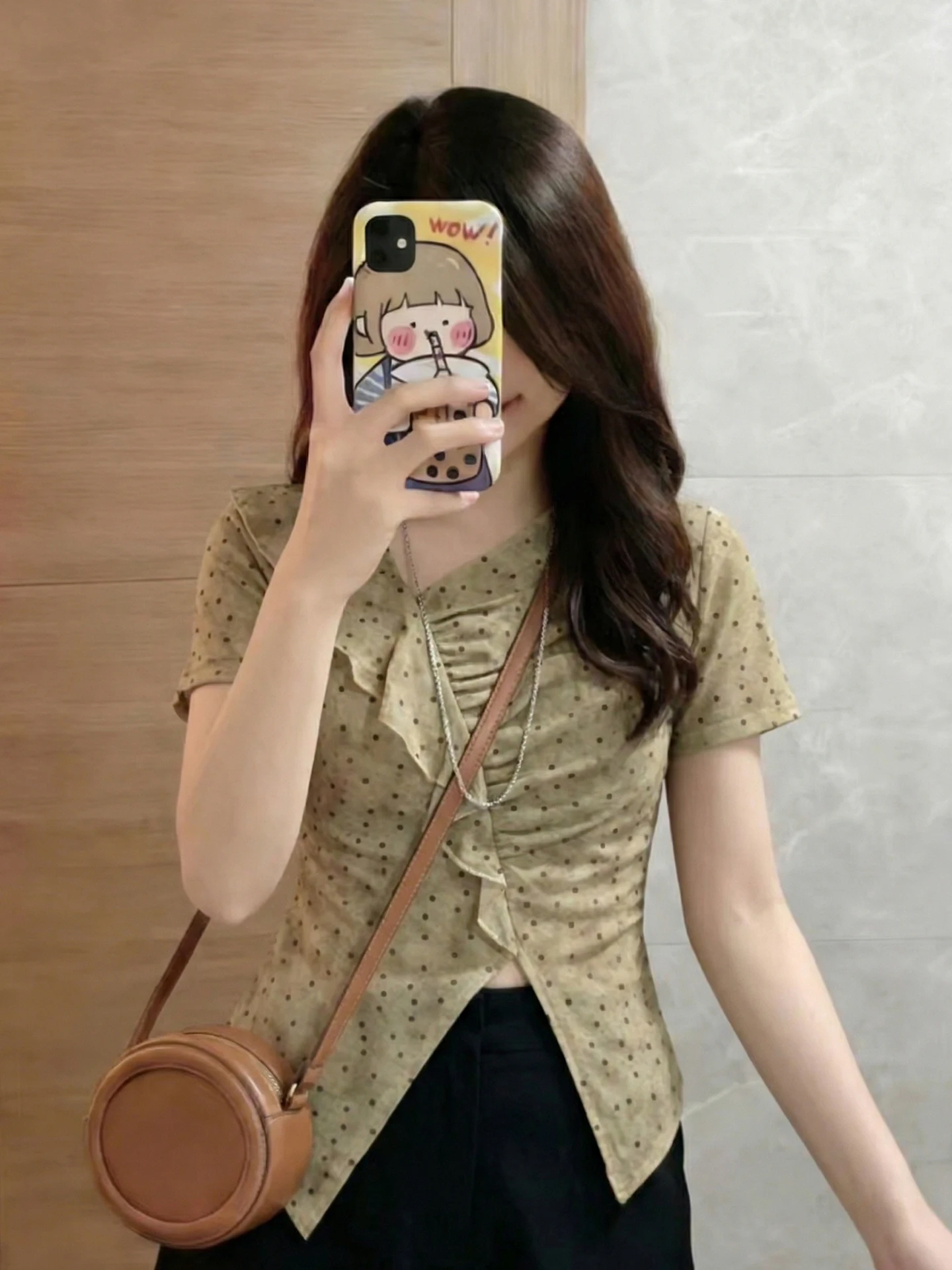 

Chic Retro Polka Dot Short Sleeve Overhead Color Block Summer Casual Style Women's T-Shirt Fashionable Base Layer Shirt