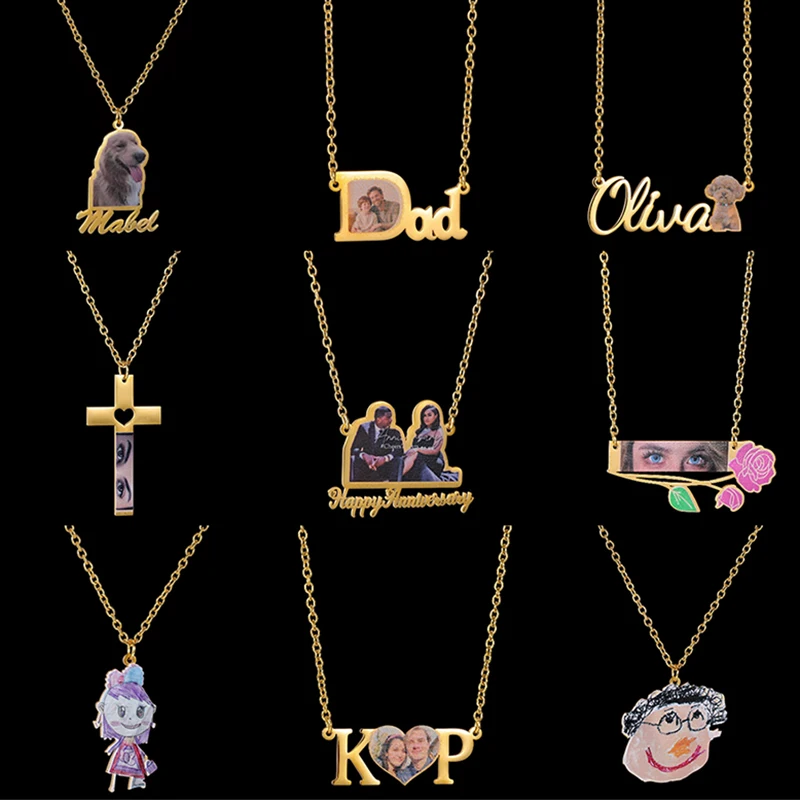 

Auxauxme Custom Photo Necklace with Name Stainless Steel Personalized Color Picture Pendant Collar Family Kid Couple Friend Gift