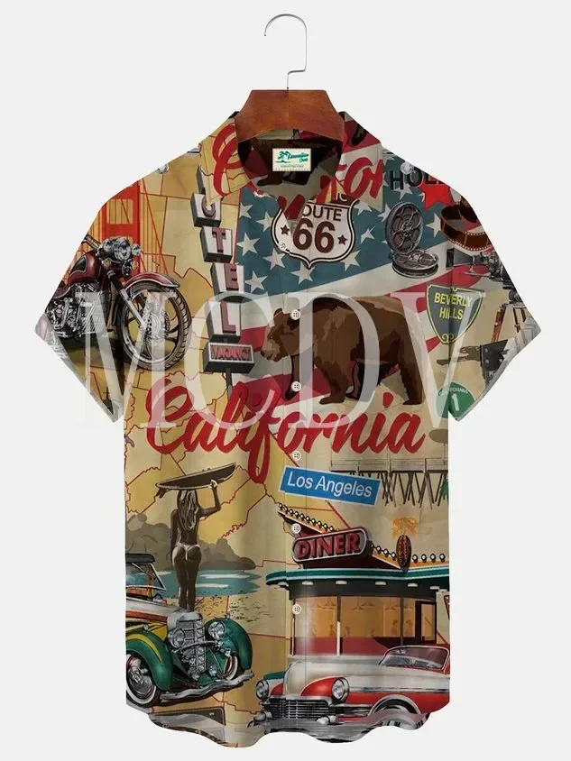 

Royaura 50’S Nostalgic Map Men's For Women's Hawaiian Shirts Vintage Car California Bear Art Oversized Stretch Button Shirts