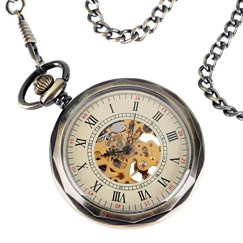 Steampunk Hand Wind Mechanical Pocket Watch Bronze Open Face Fob Clock for Men Women with Pendant Necklace Chain Watches