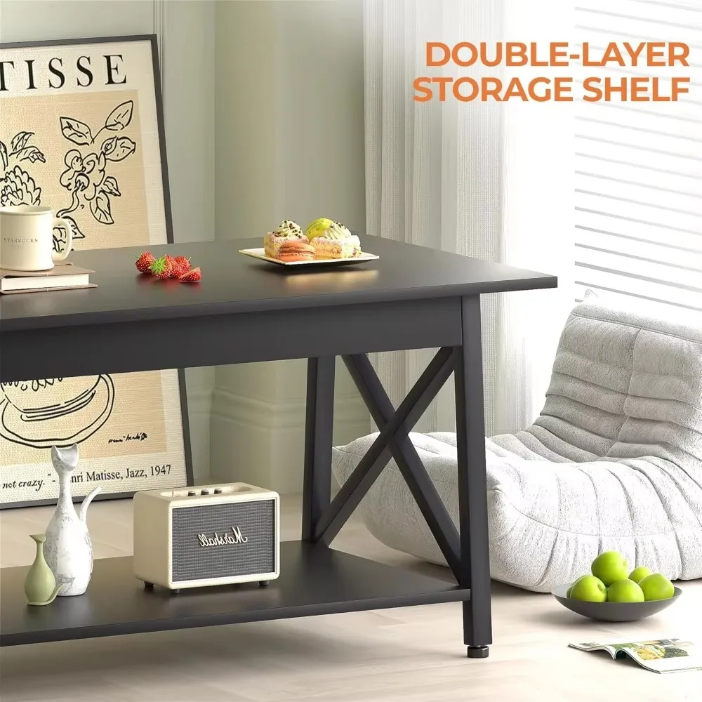 Coffee table with storage shelves, 2 tiers rectangular living room center table, suitable for home office, easy to assemble