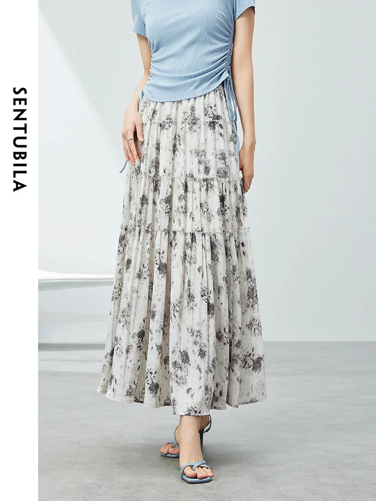 SENTUBILA Floral Maxi Skirt For Woman 2025 Spring Summer Comfort Elastic Waist Simple Printed Straight Long Skirts W42Q54471