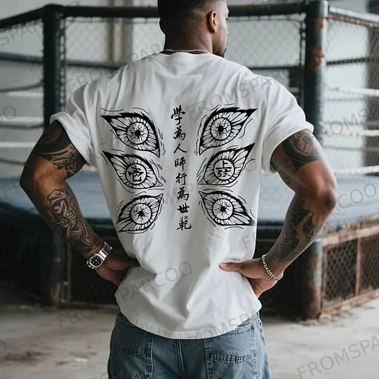 

Teacher Motto T Shirt White Cotton Short Sleeve Tops Six Eyes Print Chinese Characters Design for Men 2025 Summer Graphic Tee