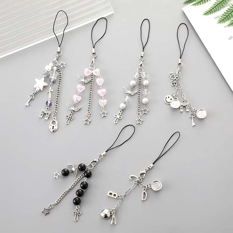 Creative New Crystal Love Beaded Phone Chain Lanyard Jewelry for Women's Trendy Pearl Bow Letter Charm Anti Loss Phone Case Rope