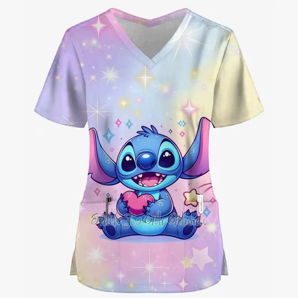 Disney Hospital Pocket Lilo & Stitch Woman T-shirts Summer T-shirt New Nurse Uniform V Neck Y2k Clothing Uniform Pocket Neck Y2k