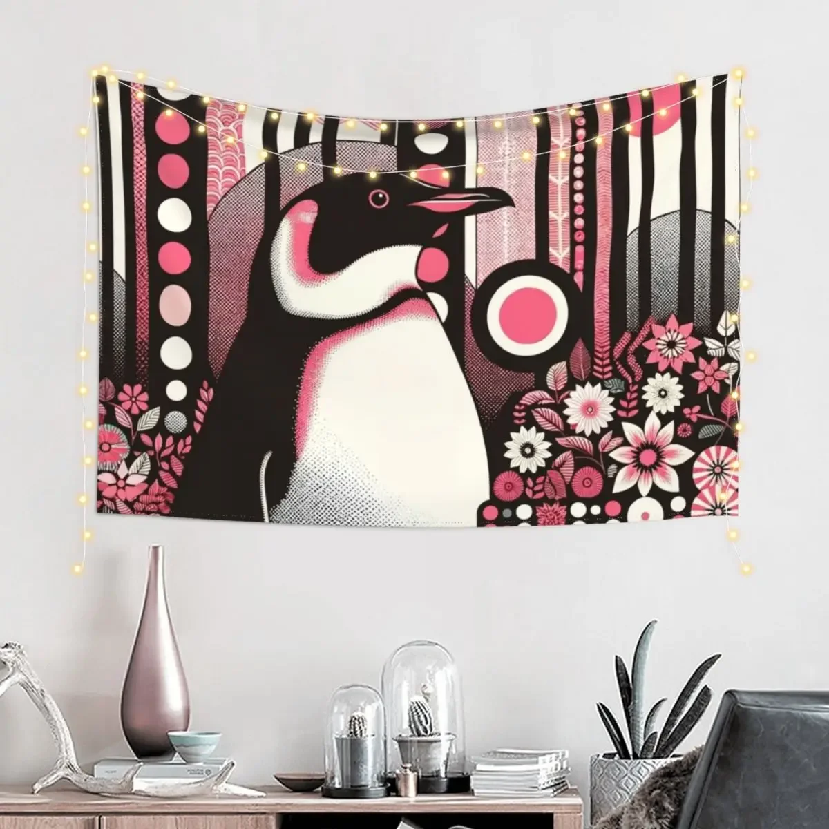 Cute Penguin In Pink Salmon Flower Forest Tapestry Wall Decor Hanging Wallpaper Bedroom Tapestry