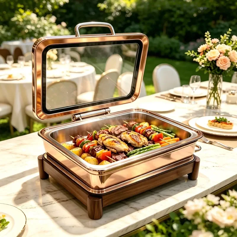 Rose Gold Chafing Dish with Visual Glass Lid - Professional Stainless Steel Buffet Server for Hotel Restaurant