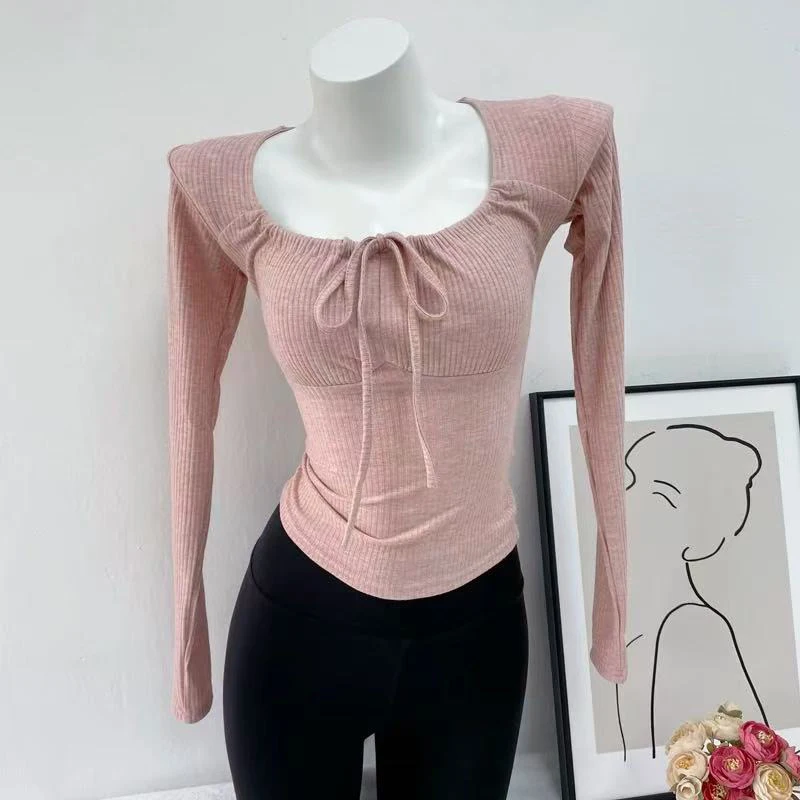 

Fashion Square Neck Slim Base Tops Women Spring Korean Long Sleeve Crop T Shirt Y2K Solid All Match Bow Lace Up Tees Female