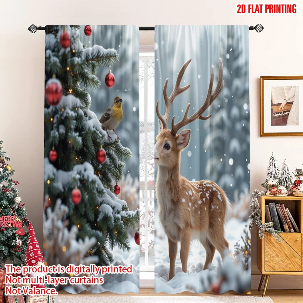 

2pcs 2D flat printing Merry Christmas Popular Curtains Deer Bird Christmas Bauble Snow 100% Polyester Without Electricity Spring